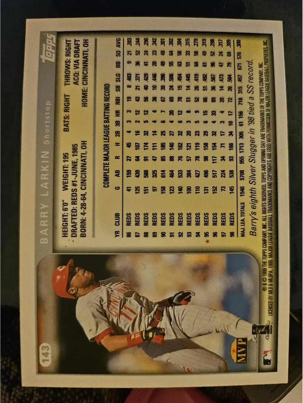 Barry Larkin - HOF - 1999 Topps Opening Day #143 - Reds - RAW mint - Picture 2 of 2